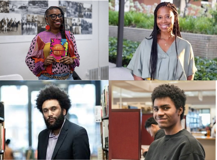 A 2x2 grid featuring four Black authors: Dr. La'Tonya Rease Miles holding a colorful book (top left), Diane Marie Brown smiling outdoors (top right), Zhen Smalls smiling in a study space (bottom right), and Tongo Eisen-Martin in a suit jacket before bookshelves (bottom left).