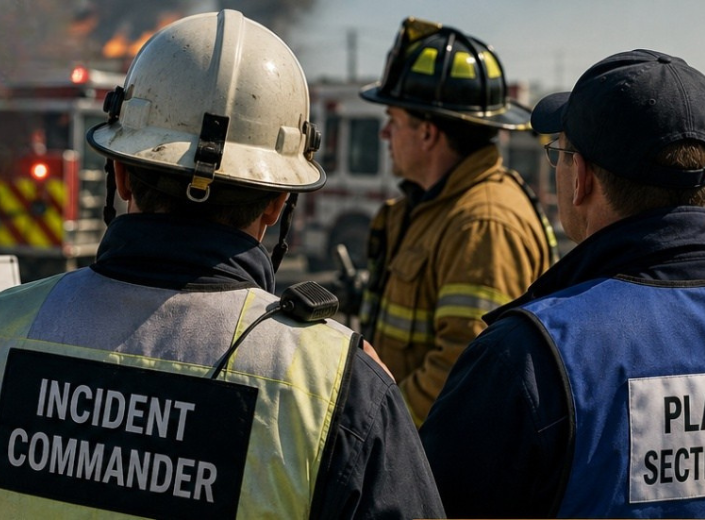 First responders, including an incident commander and planning section specialist wearing high-visibility vests and helmets, observe operations near fire trucks.
